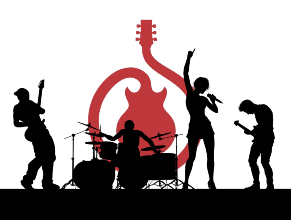 A graphic conveying a band in front of the School of Rock Logo.